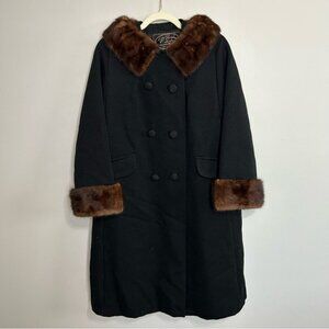 Vintage I. J. Fox Cleveland Workers Union Black Wool Coat Faux Fur Trim Large